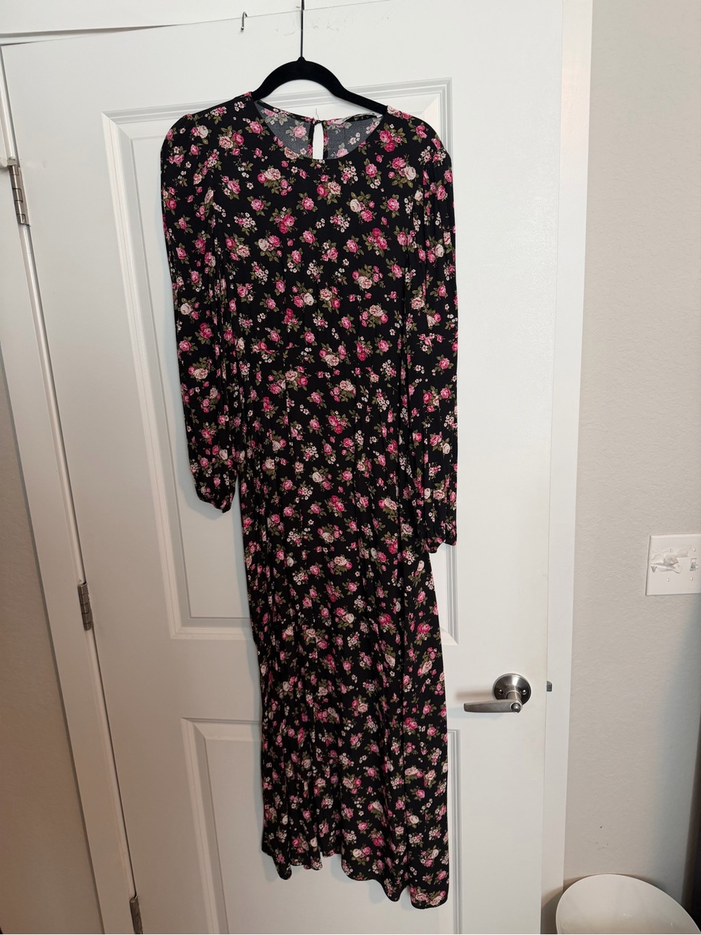 Zara Black Maxi Dress with Pink Rose Print